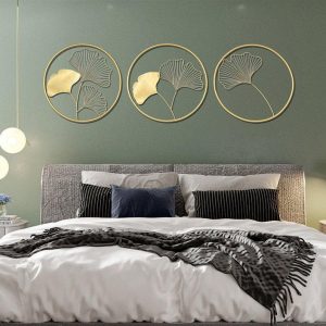 golden metal wall art for living room bedroom | set of 3 round frames